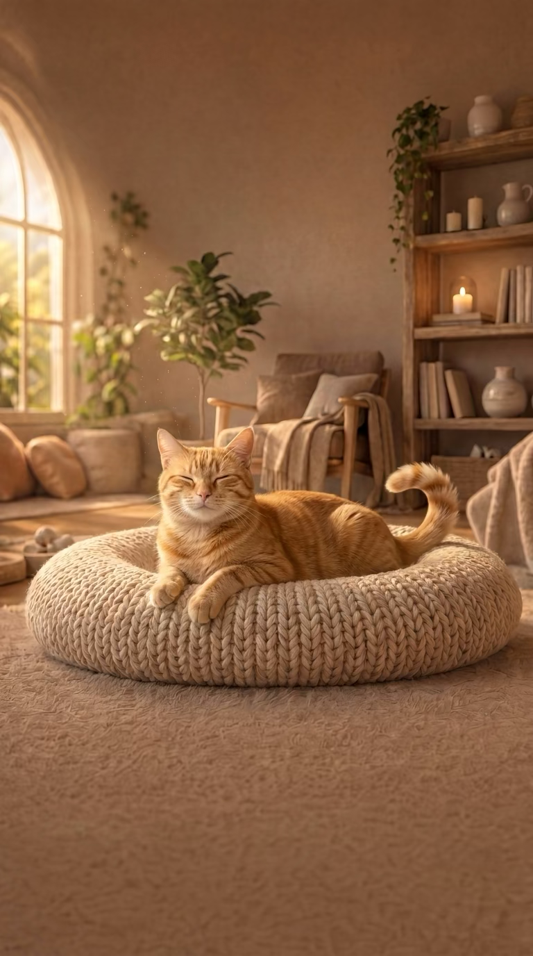 An orange cat resting on a knitted cushion in a warm, sunlit room